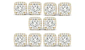 18k Yellow Gold 6mm 1Ct Cushion Cut White Sapphire Set Of Five Halo Stud Earrings Plated