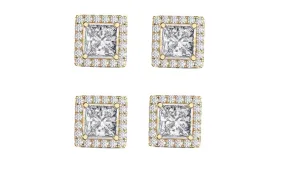 18k Yellow Gold Plated 3Ct Square Cut White Sapphire Set of Two Halo Stud Earrings