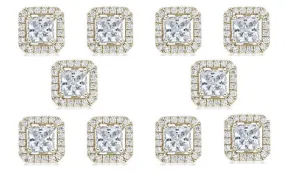 18k Yellow Gold Plated 4Ct Princess Cut White Sapphire Set of Five Halo Stud Earrings