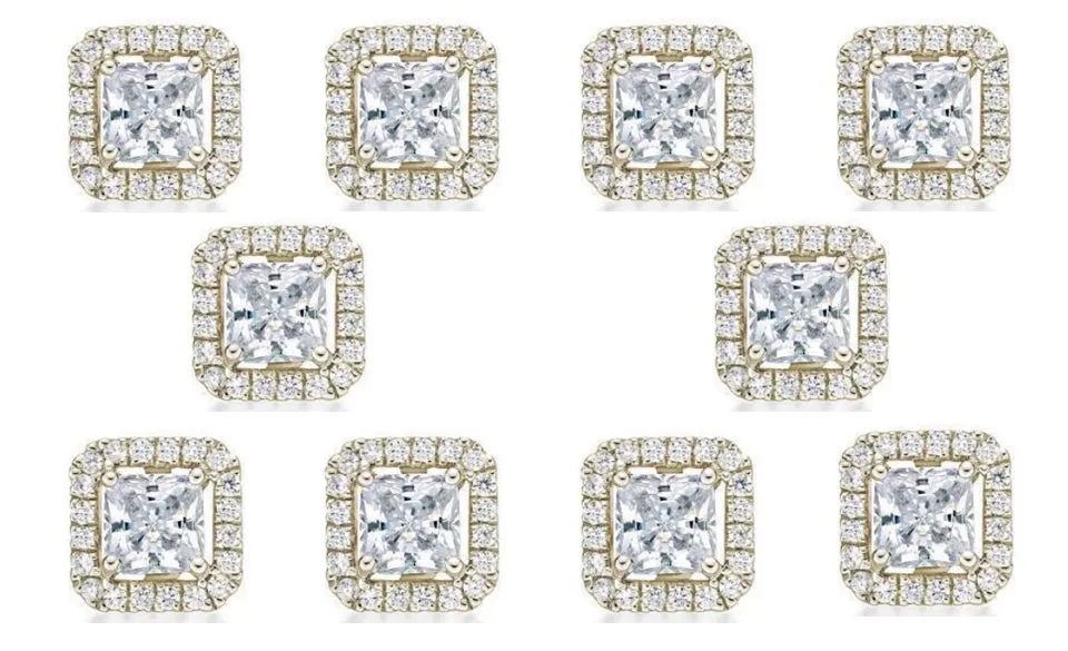 18k Yellow Gold Plated 4Ct Princess Cut White Sapphire Set of Five Halo Stud Earrings