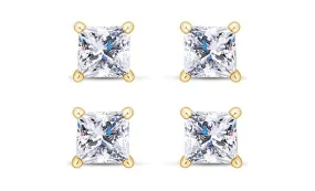 18k Yellow Gold Plated 4mm 1Ct Princess Cut White Sapphire Set Of Two Stud Earrings