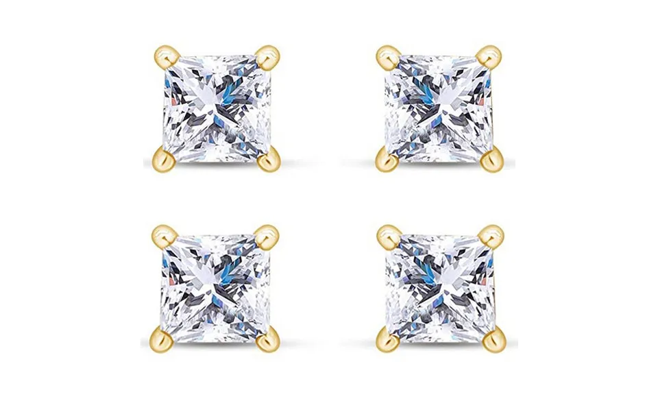 18k Yellow Gold Plated 4mm 1Ct Princess Cut White Sapphire Set Of Two Stud Earrings