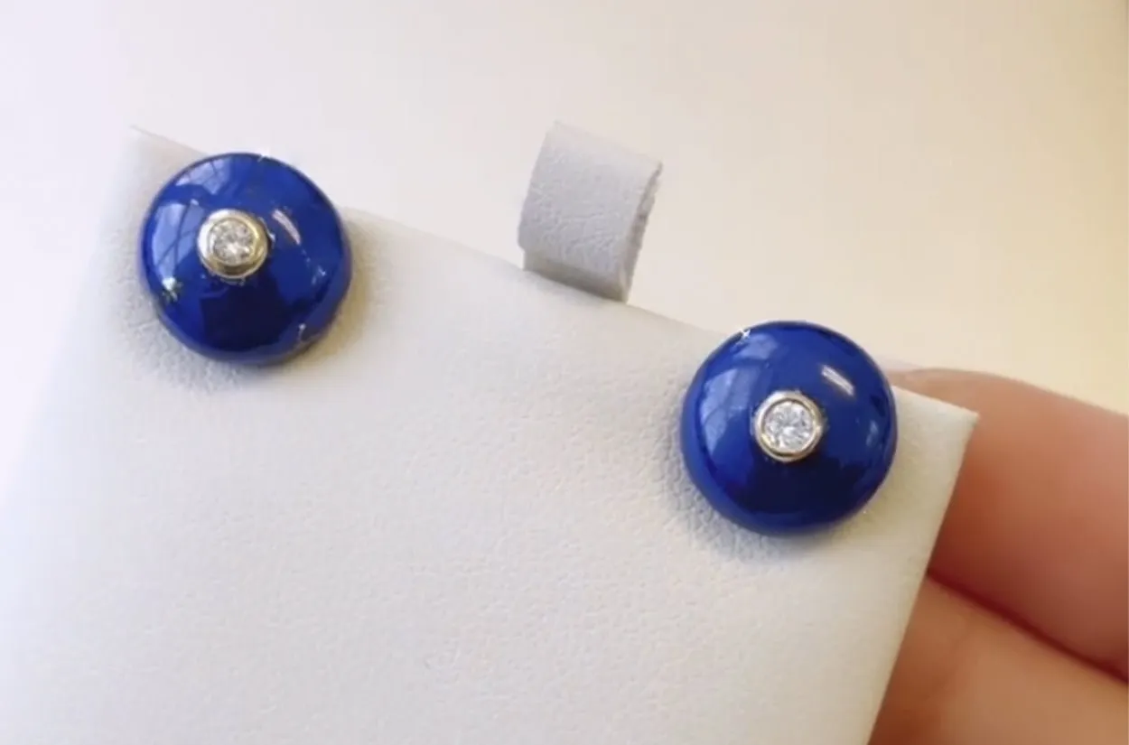 Earrings 18kt Gold Lapis Lazuli Studs with Diamonds