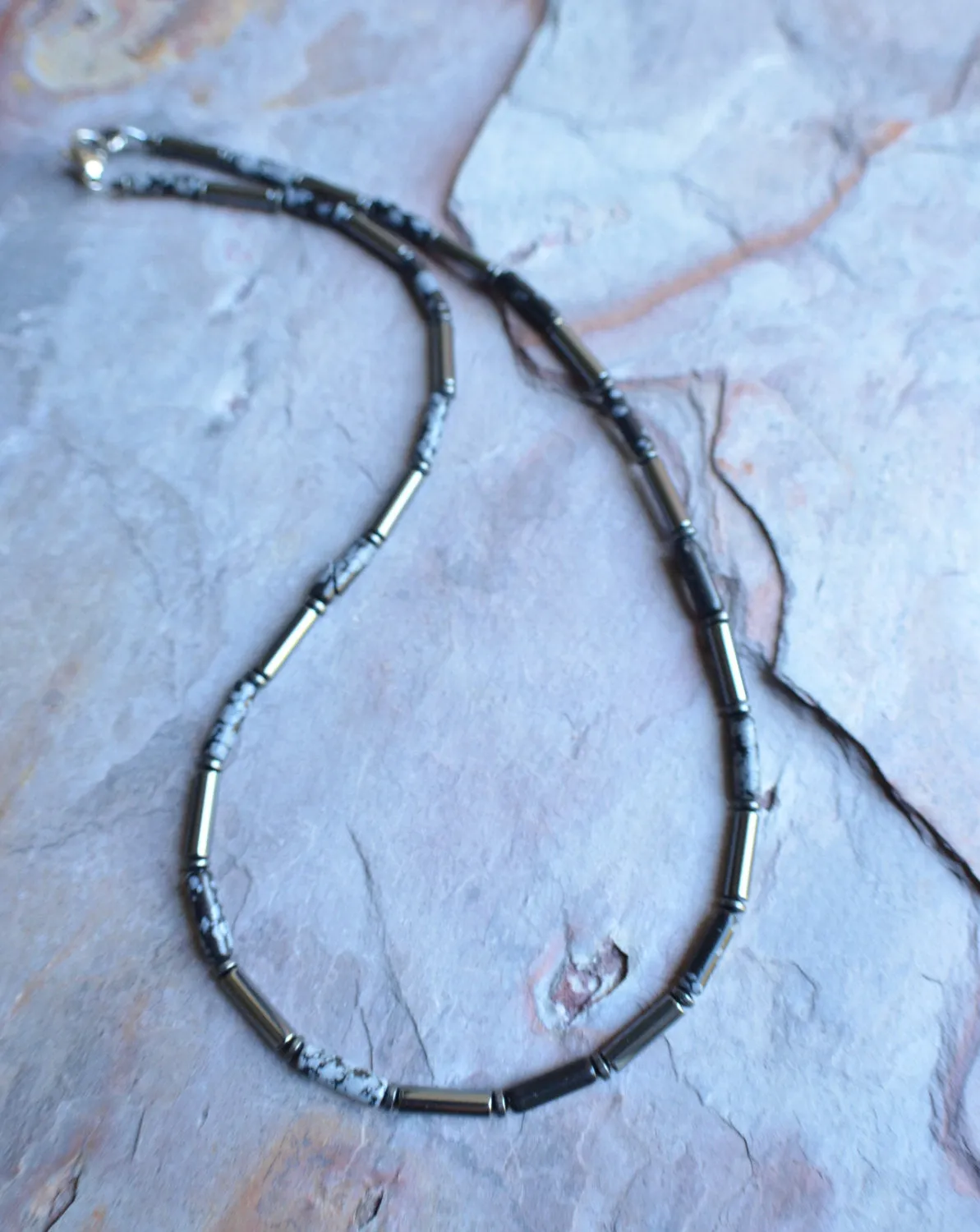 Mens Black Gray Hematite Jasper Beaded Long Choker Necklace - Wyatt