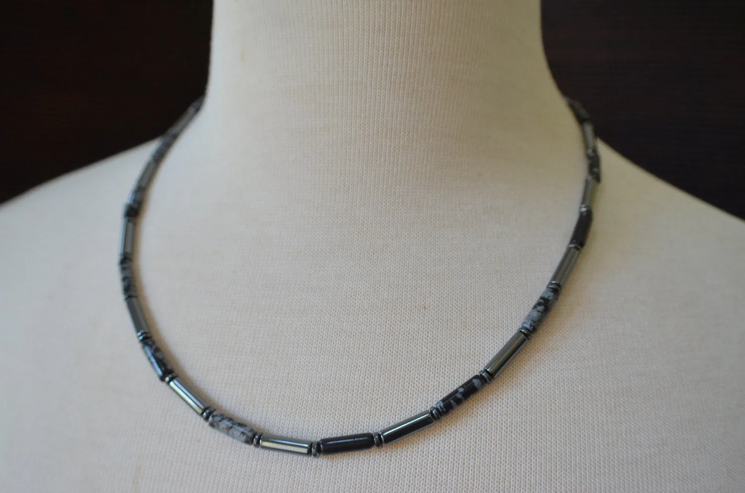 Mens Black Gray Hematite Jasper Beaded Long Choker Necklace - Wyatt