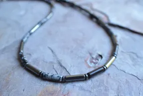Mens Black Gray Hematite Jasper Beaded Long Choker Necklace - Wyatt
