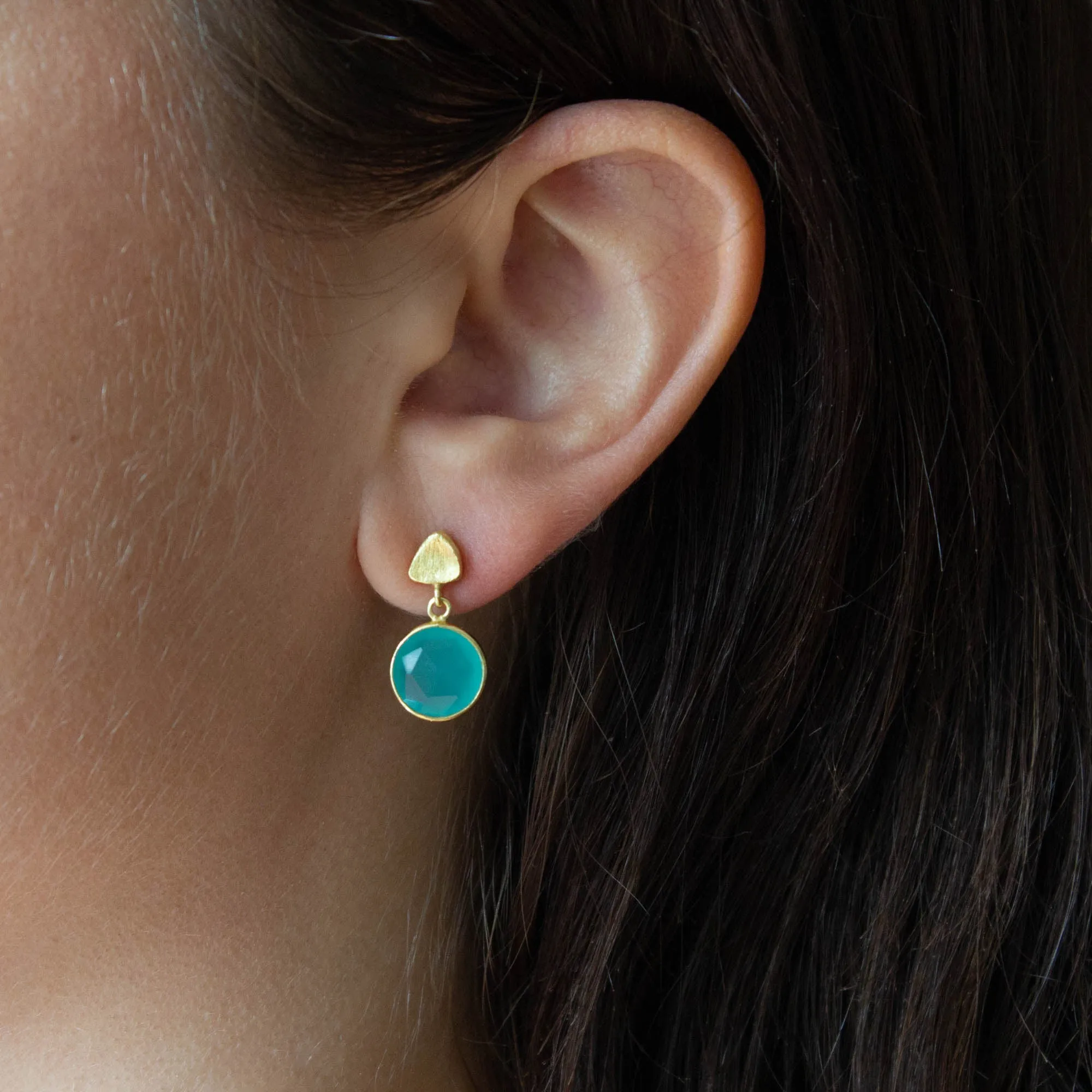 Round Gemstone and Brushed Gold Earrings