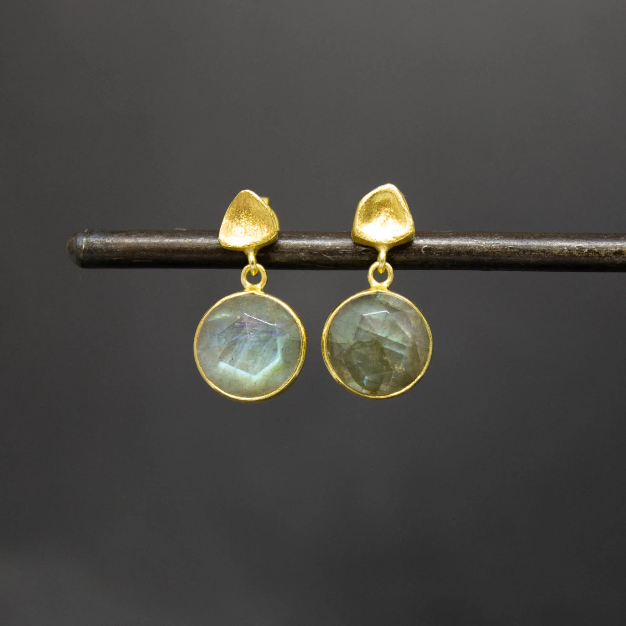 Round Gemstone and Brushed Gold Earrings