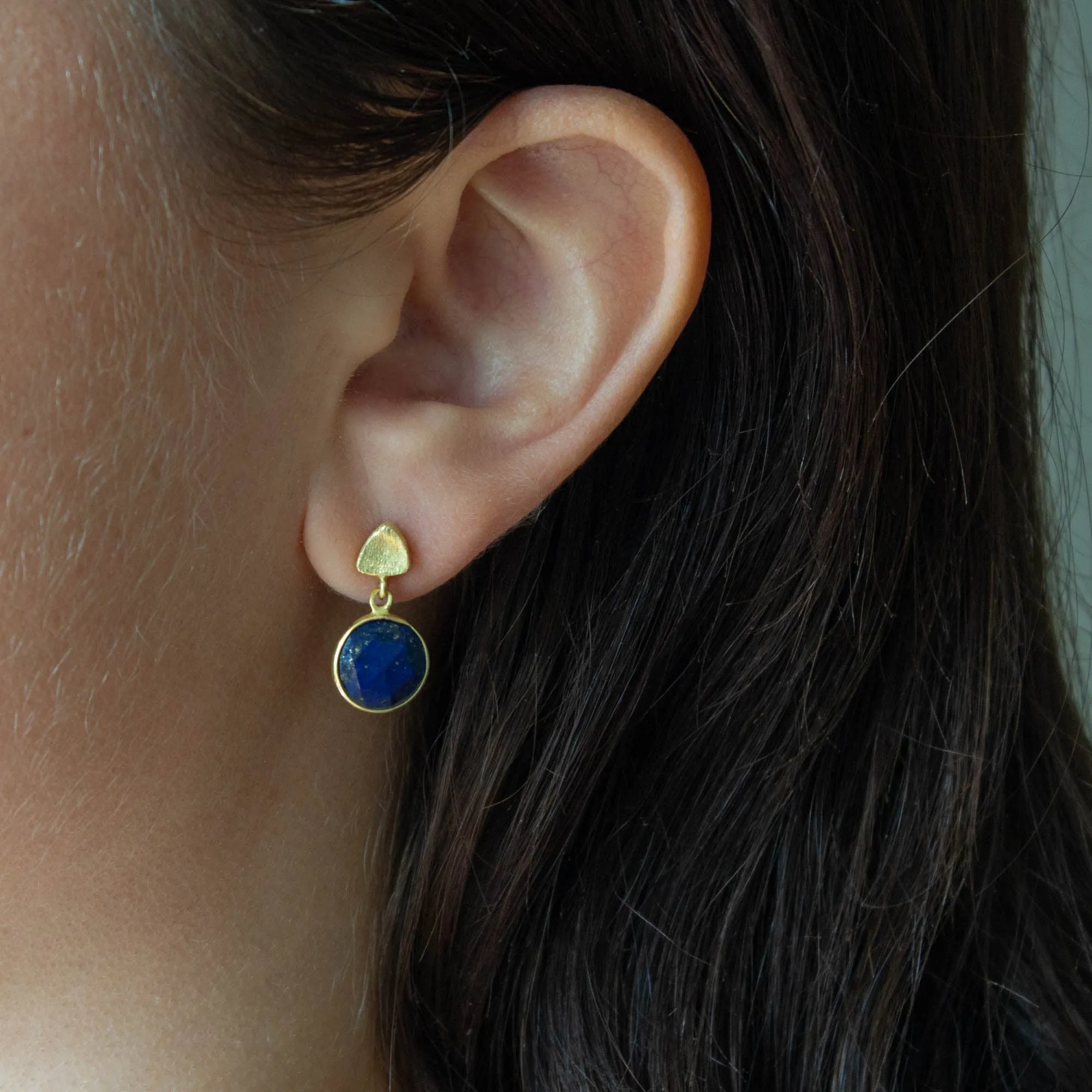 Round Gemstone and Brushed Gold Earrings