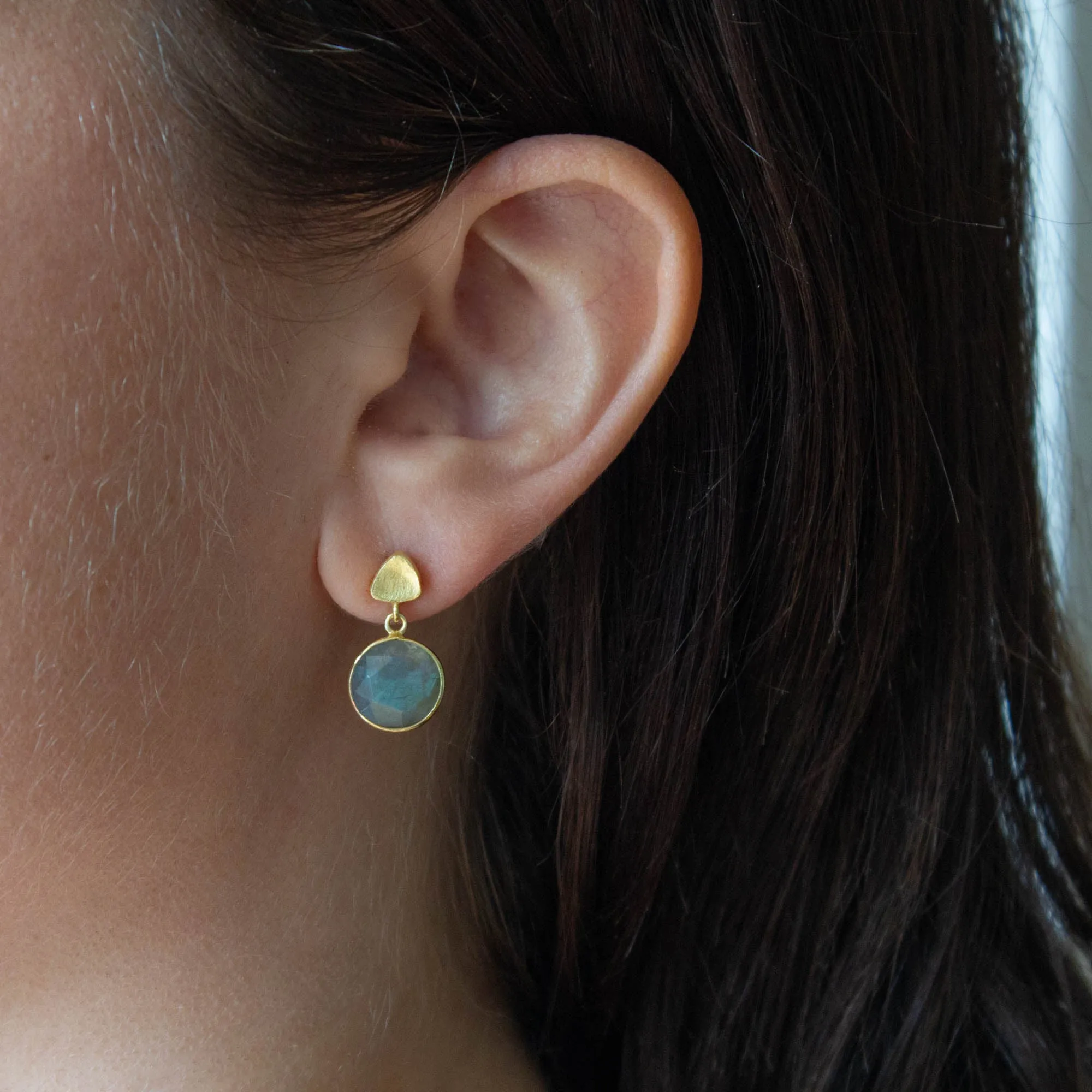 Round Gemstone and Brushed Gold Earrings