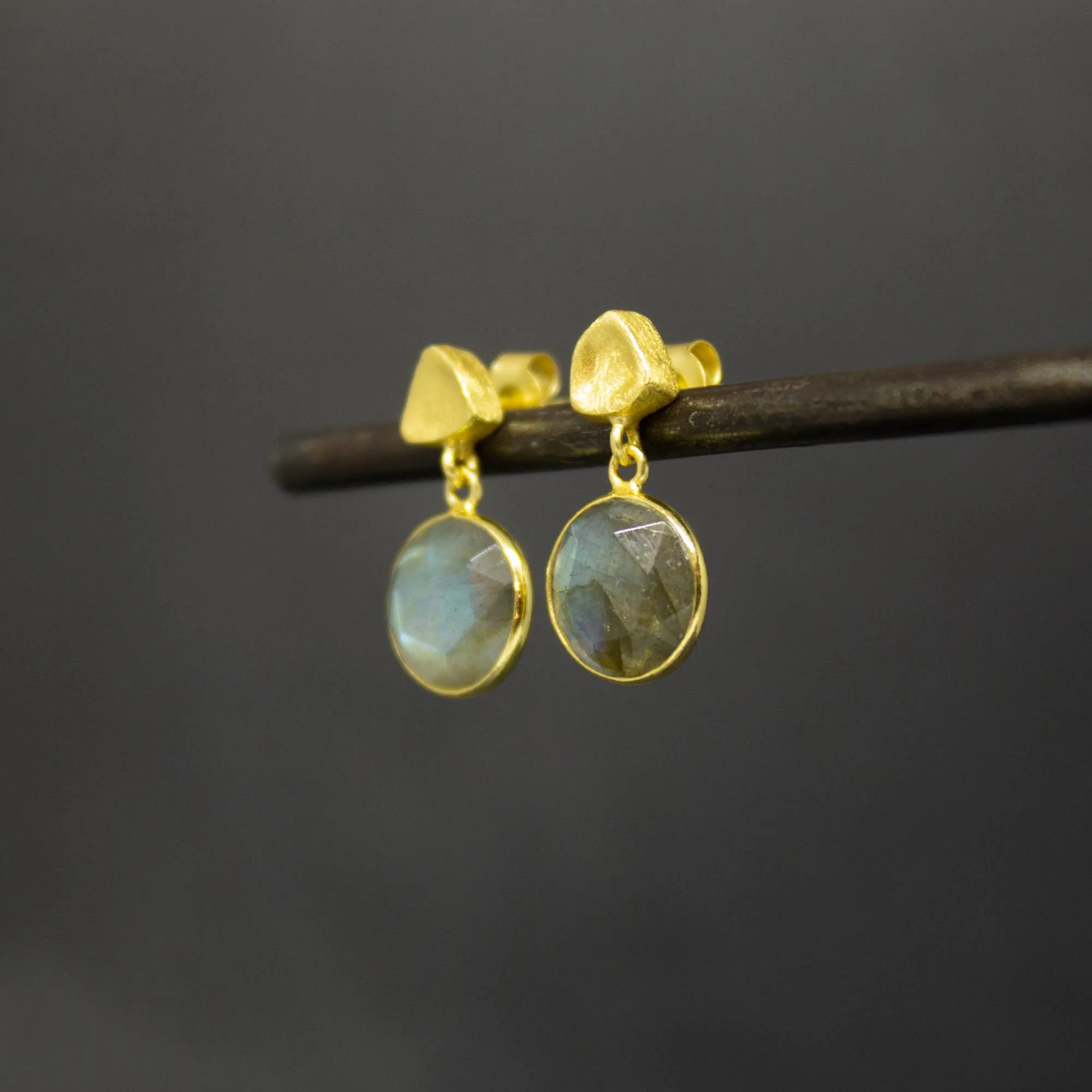 Round Gemstone and Brushed Gold Earrings